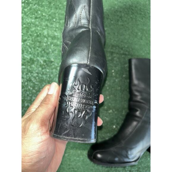 Harley Davidson Size 10 Black Leather Flame Boots Heels Double Zipper - Picture 5 of 11